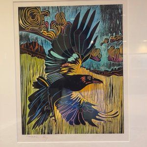 Raven Monoprint - Woodcut, hand colored "Firebird"